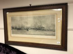 A monochrome print after Niels Lund : The Revenge Leaving Jarrow, signed in pencil, 85cm by 40cm.