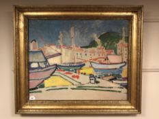 An Artagraph edition on canvas depicting boats, 79cm by 64cm.