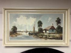 Willem Maris (20th century) White building by a canal, oil-on-canvas, signed, 79cm by 39cm.