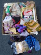 A box of table linen, vintage Dean's rag book nursery rhyme cloth booklets,