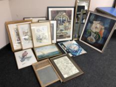 A box containing assorted pictures and prints, gas advertisements, globe washboard,