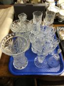 Five various cut-glass flower vases together with a glass bell,