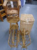 A wicker laundry basket together with a further wicker occasional table,