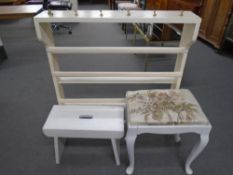 A painted antique plate rack together with a painted dressing table stool and painted cracket.