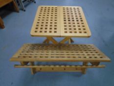 A folding lattice occasional table together with matching wall shelf with coat hooks.