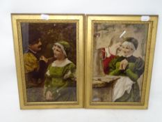 A pair of Edwardian colour prints laid to glass depicting figures, each 17cm by 26cm.
