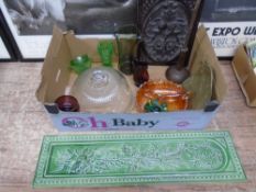 A box containing assorted 20th century glassware, Art Nouveau brass scoop, fire poker on stand,