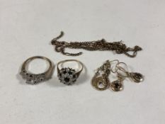 A sterling silver ring together with 9ct gold cluster ring, pair of 9ct gold earrings,