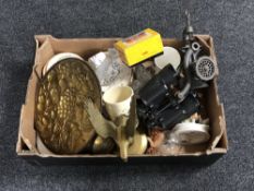 A box of brass eagle ornaments, a pair of Zenith binoculars,