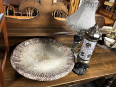 A fruit bowl inset with coral together with a contemporary table lamp with shade and a further