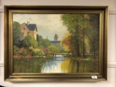 Continental school : River passing under a wooden bridge, oil-on-canvas, in gilt frame,