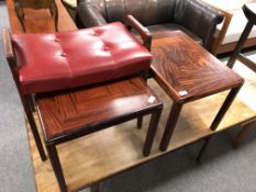 A mid century Danish dressing table stool in buttoned vinyl and two mid century occasional tables