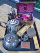 A tray containing antique plated tea wares, a wooden ruler,