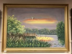 Continental school : Duck in flight over a lake, oil-on-canvas, in gilt frame, initialed P. J.
