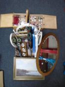 A concertina sewing box with contents together with a further box of Burberry pattern scarf,