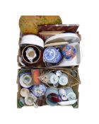Two boxes of antique and later ceramics, place mats, enamelled kitchen storage jars,