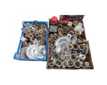 Three boxes of ceramics and glass, continental beer steins, mugs, drinking glasses, wall plates,