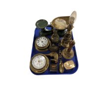 A tray containing Salter kitchen scales with weights, brass figural bells,