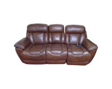 A brown leather electric reclining three seater settee CONDITION REPORT: No leads.