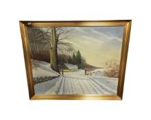 H Espensen : Snowed in cottage by a forest, oil-on-canvas, in gilt frame, 96cm by 120cm.
