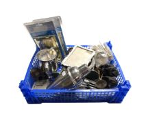 A tray of plated wares, oversized horse brasses, contemporary bronze bull dog figures,