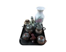 A tray containing Chinese pewter and ceramic tea ware, resin figure of a tiger,