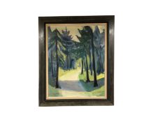 Leif Ewens : Abstract track through a forest, oil-on-canvas, in frame and mount, 74cm by 57cm.