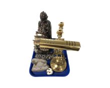 A tray containing a pair of heavy brass candlesticks, brass banker's desk lamp,