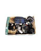 A box containing assorted cameras and equipment including Nikon F55 camera, Nikon F60 camera,