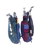 A folding golf trolley together with two bags containing Hulk oversized irons and Jumbo drivers