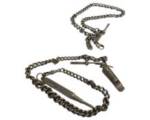A silver Albert chain with T-bar, propelling pencil and whistle,