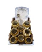 A box of vintage kitchen storage jars, 19th century blue and white meat plate,