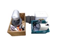 A pine crate and box containing kitchen electricals, Andrew James stand mixer, coffee machine,