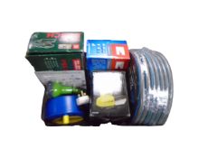 A wooden crate containing hose with accessories, Bosch sander, Einhell sander, Guild Sander,