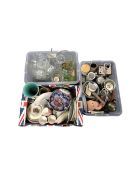 Three boxes containing glass Art Deco liqueur set, punch bowl with glasses, pottery table lamp,