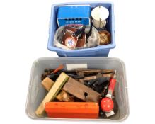Two crates containing Swan enamel pans, tools, planes etc.
