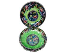 A Maling Peony flowers on green ground wall plaque with matching scalloped edged bowl