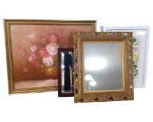 A box containing metal lanterns, a three way light fitting, an electrical turntable, pictures,