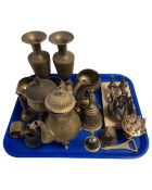 A tray of brass ornaments including a chariot figure on plinth.