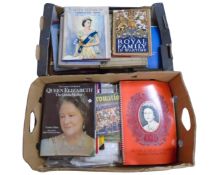 Two boxes of books and magazines relating to the Royal Family.