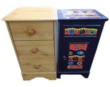 A painted bedside cabinet together with a pine-effect three drawer chest