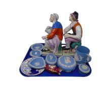 A tray of Wedgwood Jasperware dishes, trinket pots, two Staffordshire figures etc.