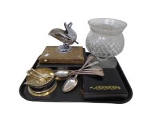 A tray of silver plated cutlery, a crystal flower bowl, further cases of cutlery etc.