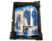 A crate of Silverline ratcheting plastic pipe cutters and an adjustable pipe cutter.