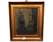 Continental School : A chair by a fire, oil on canvas, 26cm by 33cm.