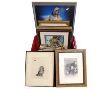 A box of pictures and prints together with an etching of a kitten.