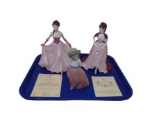 Two Coalport figures, Happy Birthday and Lady's of Fashion Joanne and a Nao figure of a child.