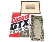 A pair of mirrors together with an advertising panel and an engraving.