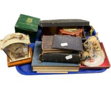 A tray containing a mantel clock, a lacquered box containing costume jewellery,