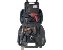 A multi-tool in case together with a hand drill in case.